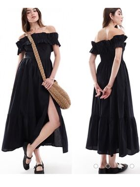 Abercrombie & Fitch Black Off-Shoulder Midi Dress